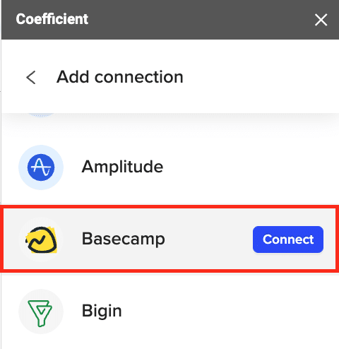 Selecting Basecamp from the list of data sources in the Coefficient sidebar.