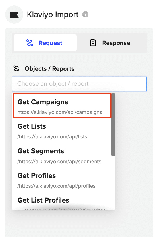 Selecting either “Email Campaigns” or “SMS Campaigns” from the available options in Coefficient.