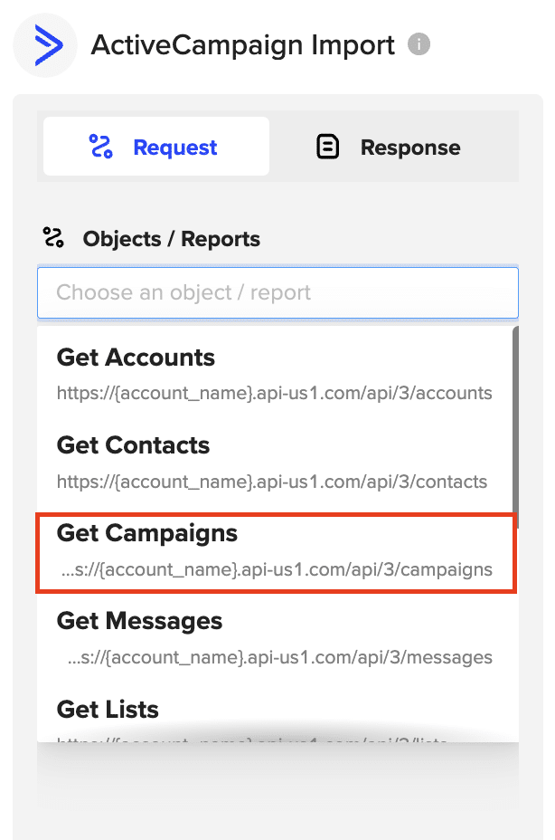 Get campaigns” under the ActiveCampaign connector.