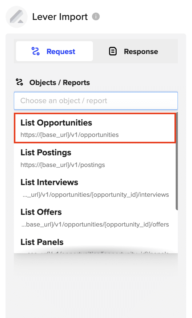 Selecting “List opportunities” from the available Lever options.