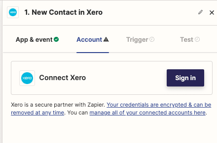Clicking “Sign in to Xero” in Zapier.