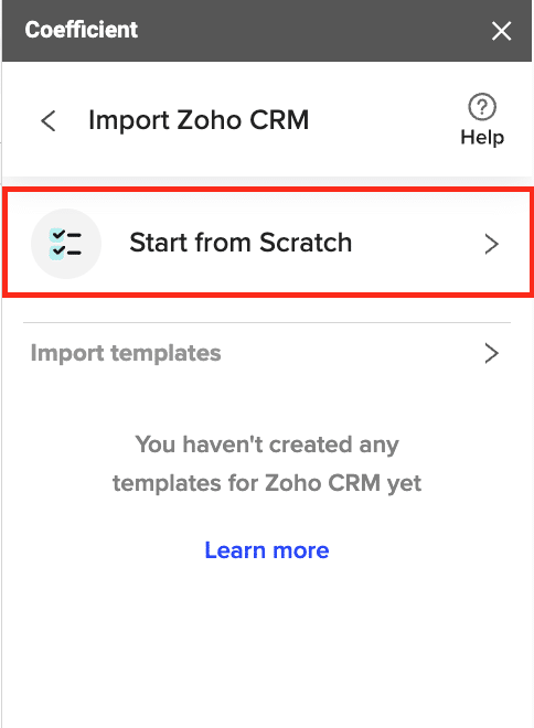Clicking “Start from Scratch” to begin the import process in Coefficient.