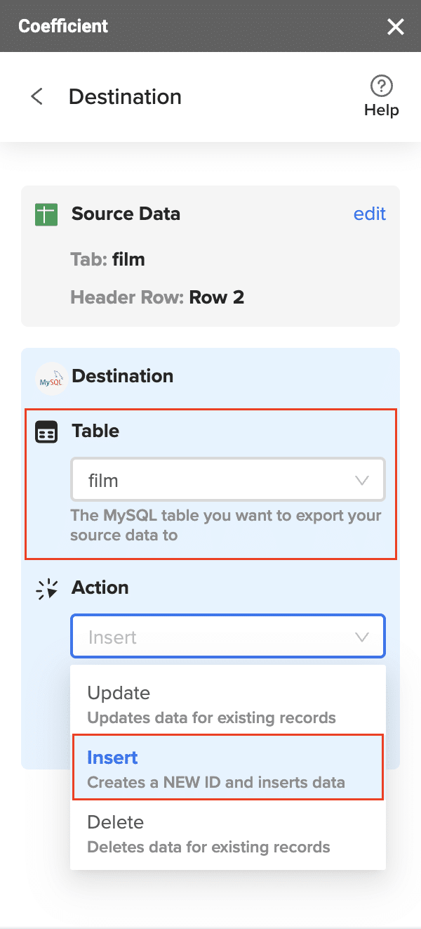 Coefficient settings screen with PostgreSQL target table selected and action type defined.