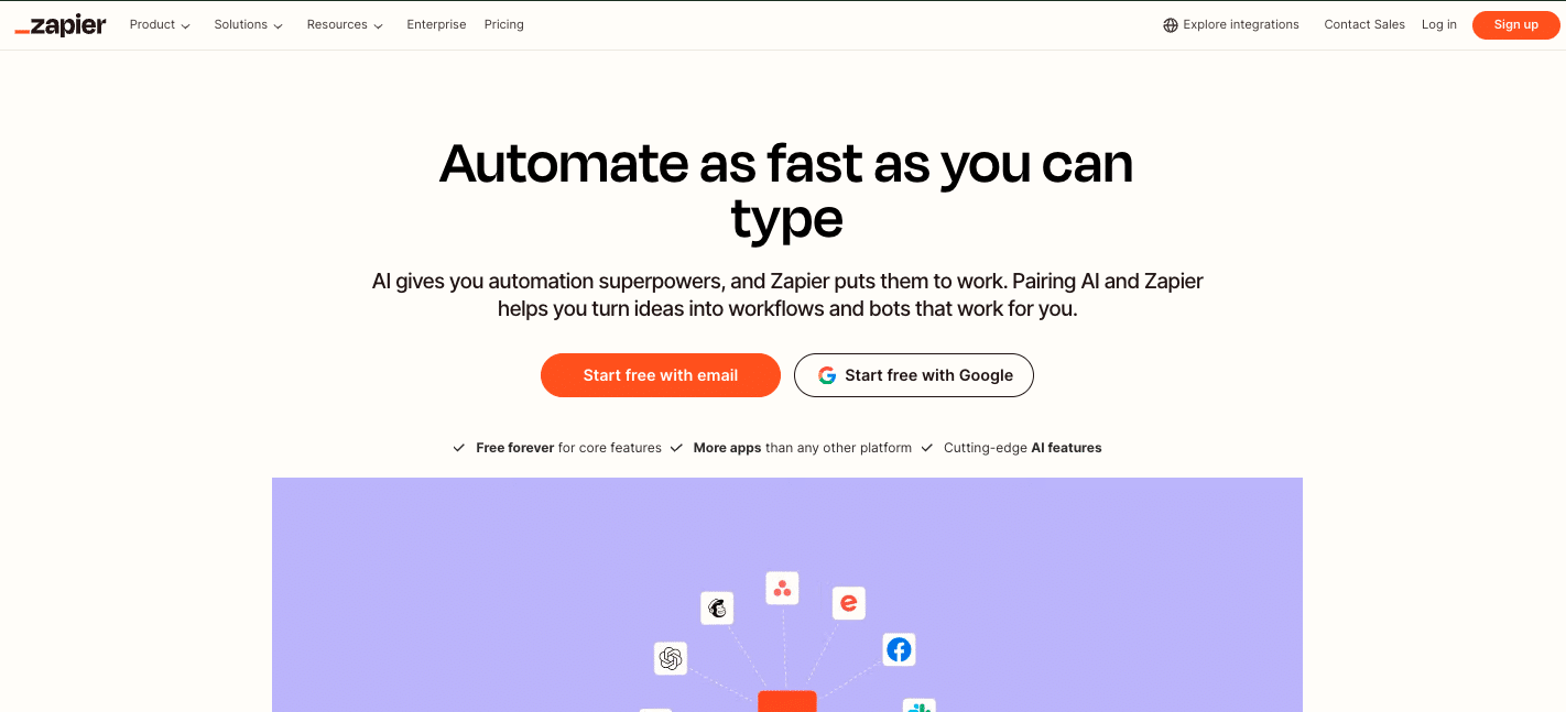 Zapier dashboard with “+ Create” and “New Zap” options highlighted for a new workflow setup.