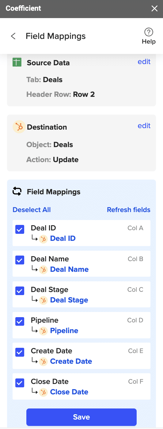 Coefficient field mapping interface showing Google Sheets fields mapped to HubSpot fields.