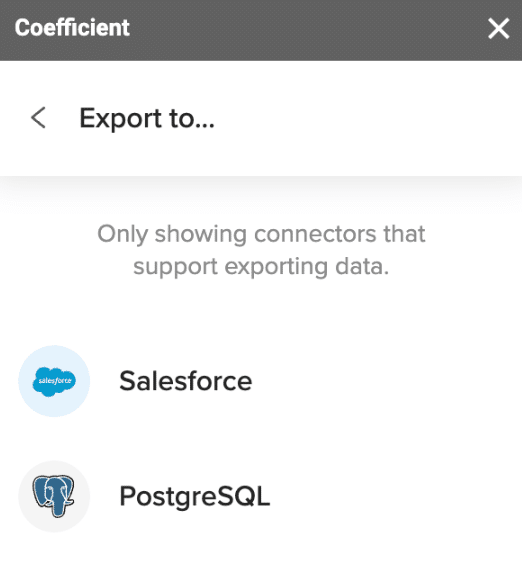 Coefficient interface showing PostgreSQL selected as the export destination.