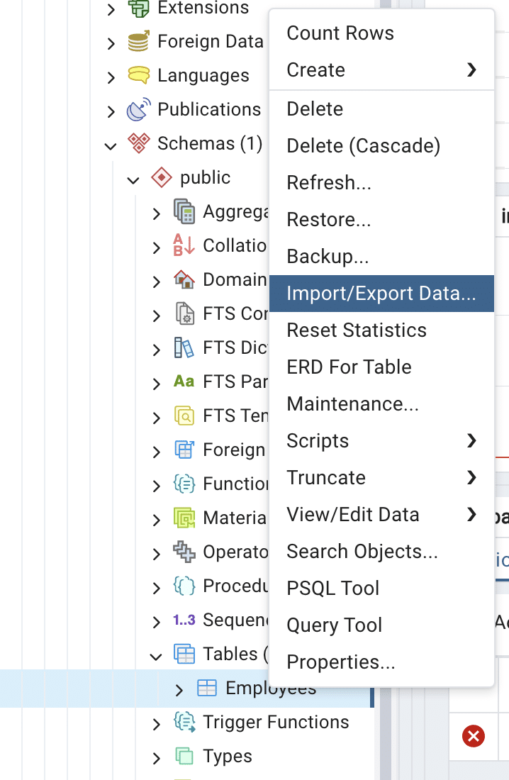 pgAdmin context menu with “Import/Export” option selected to open the wizard for CSV import.