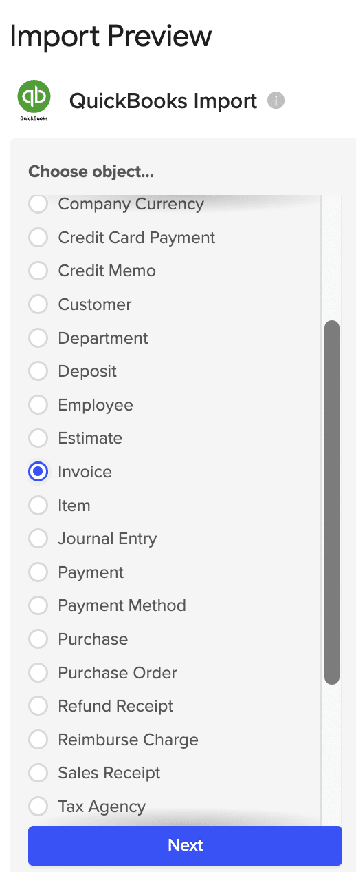 Selecting invoice as the object to import.