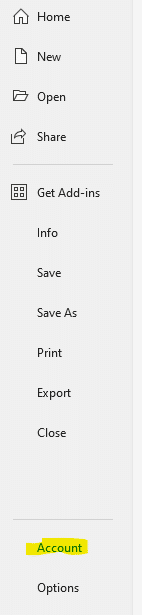 Excel File menu showing Account settings navigation