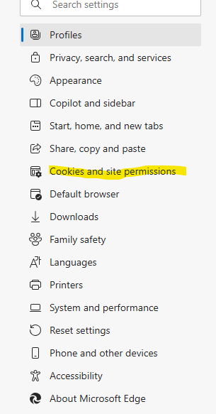Browser cookies and site permissions settings page
