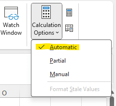 Excel calculation options dropdown showing automatic and manual settings