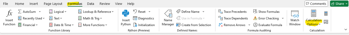 Excel formulas ribbon showing calculation options
