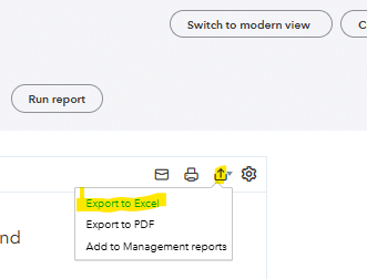 Export to Excel dropdown button location in QuickBooks Online report
