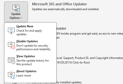 Excel update options dropdown menu with Update Now button