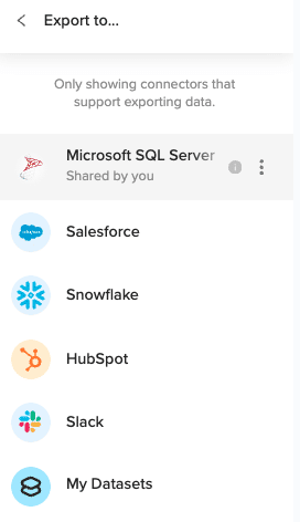 SQL Server Connection option and export menu.