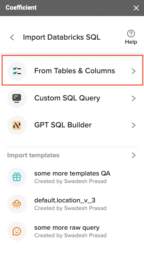 Selecting from tables and columns option and coefficient menu.