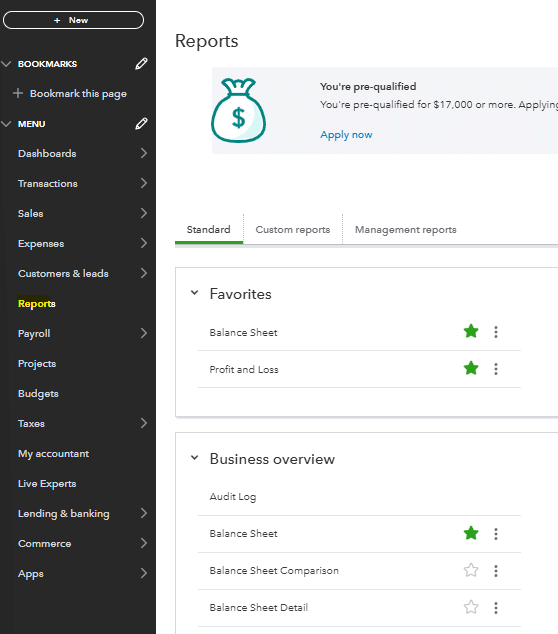 QuickBooks Report menu navigation screen