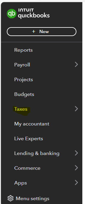 QuickBook Tax Selection Navigation menu